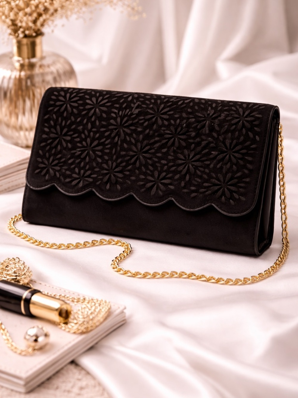 ALDO Black Laser Cut Evening Clutch Gold Chain Crossbody Formal Prom Wedding Bag